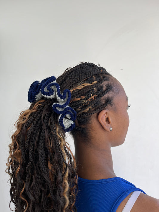 Medium navy and light grey coloured scrunchie