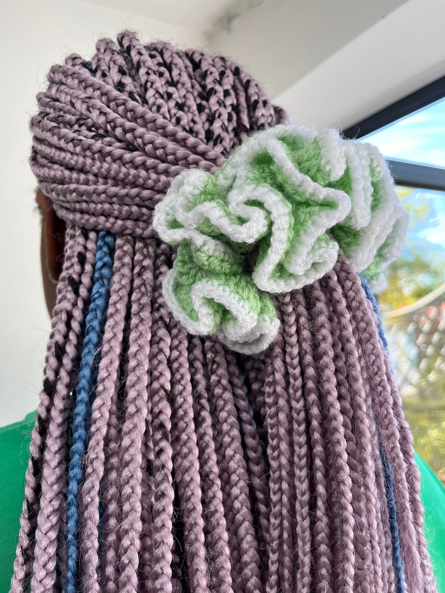 Bright Lime green and white Medium scrunchie