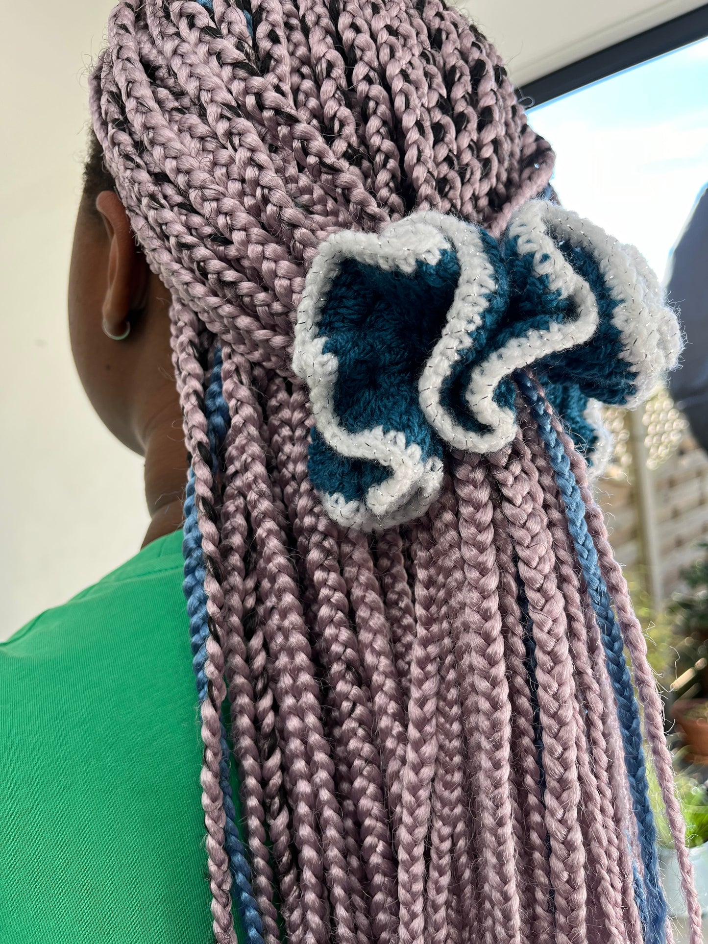 Medium icy white and dark teal blue scrunchie