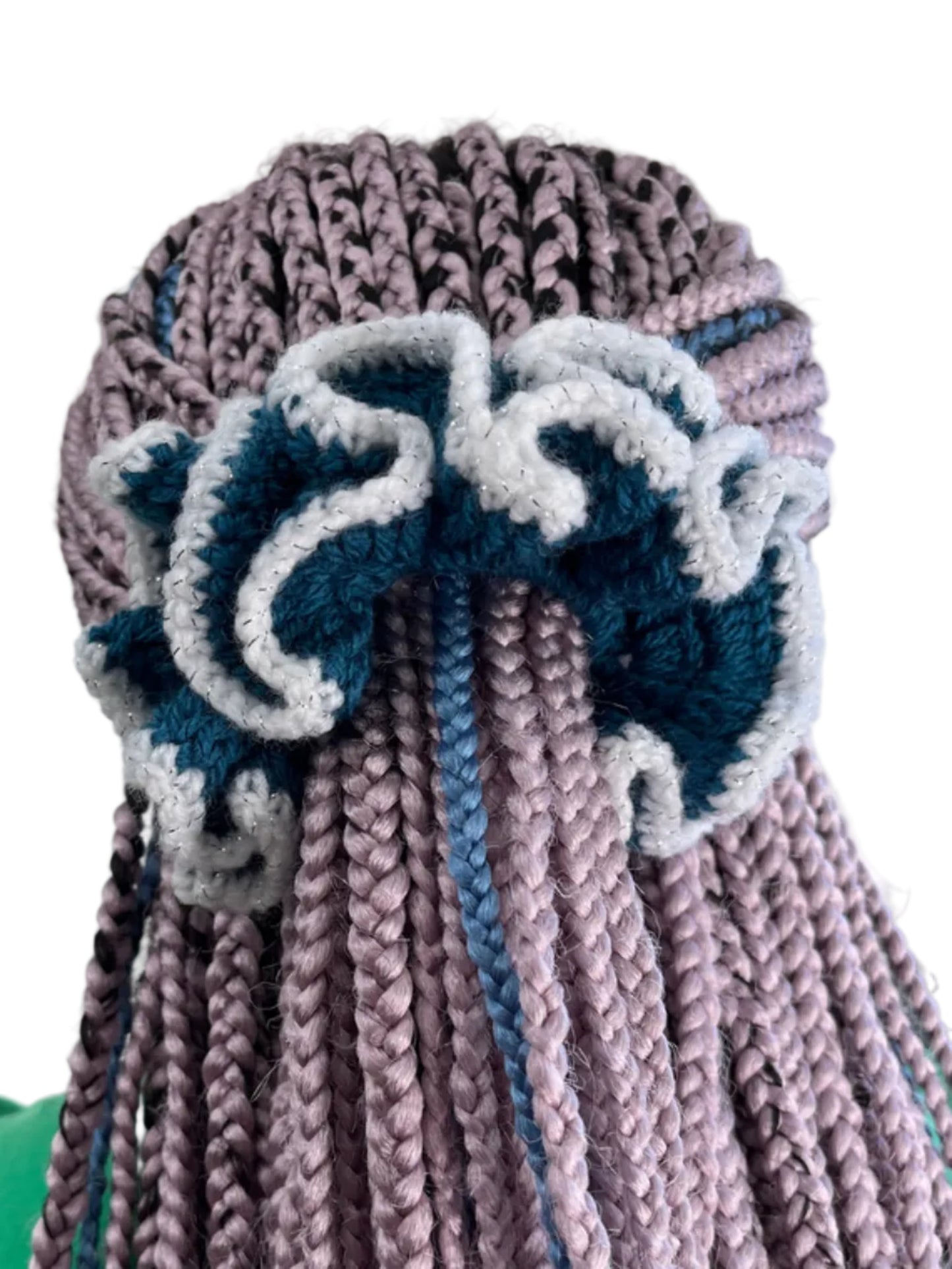 Medium icy white and dark teal blue scrunchie