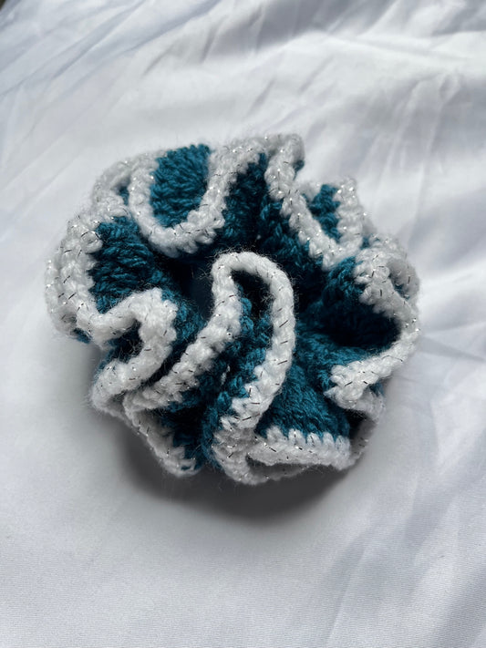 Medium icy white and dark teal blue scrunchie