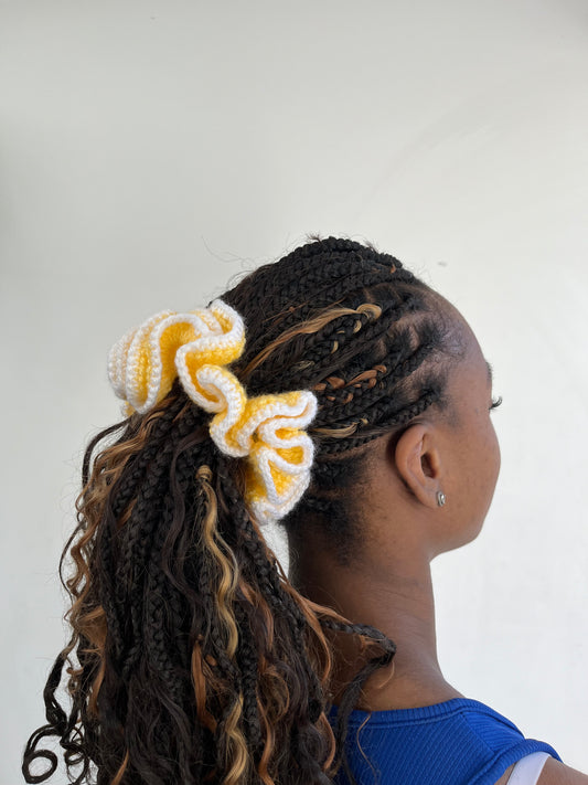 Yellow and white medium scrunchie
