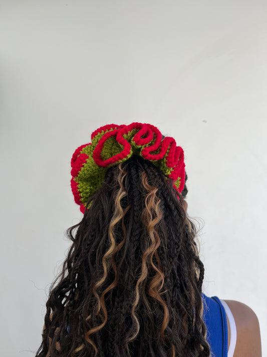 Medium vibrant red and green coloured scrunchie