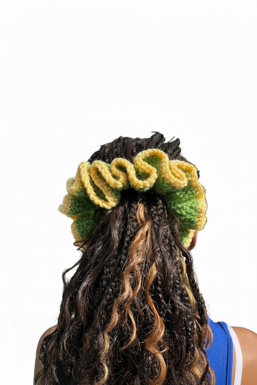 Medium sunny yellow and green scrunchie