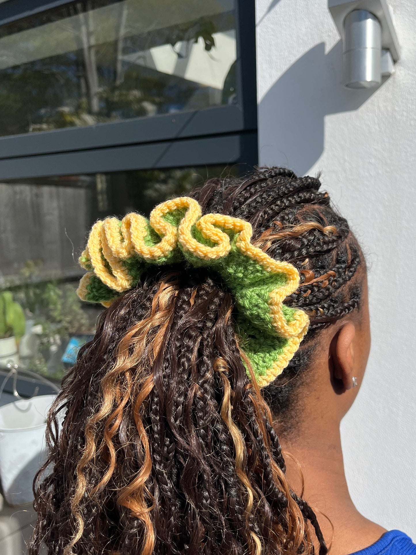 Medium sunny yellow and green scrunchie