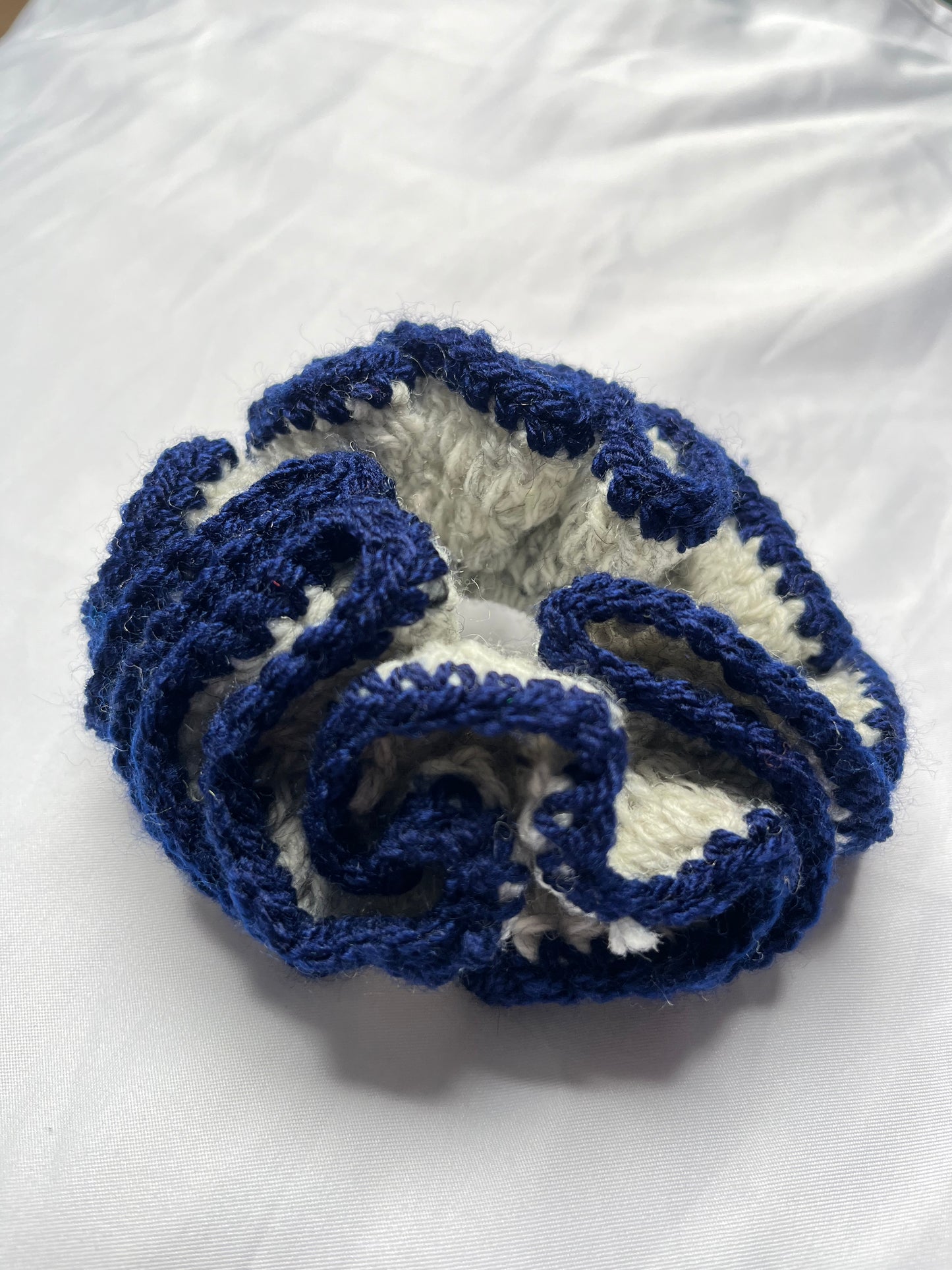 Medium navy and light grey coloured scrunchie